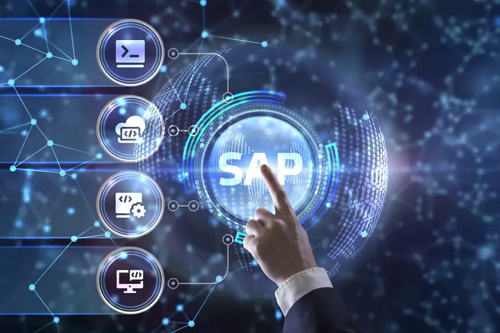 Digitales Bild mit einer Hand, die auf den Schriftzug SAP zeigt